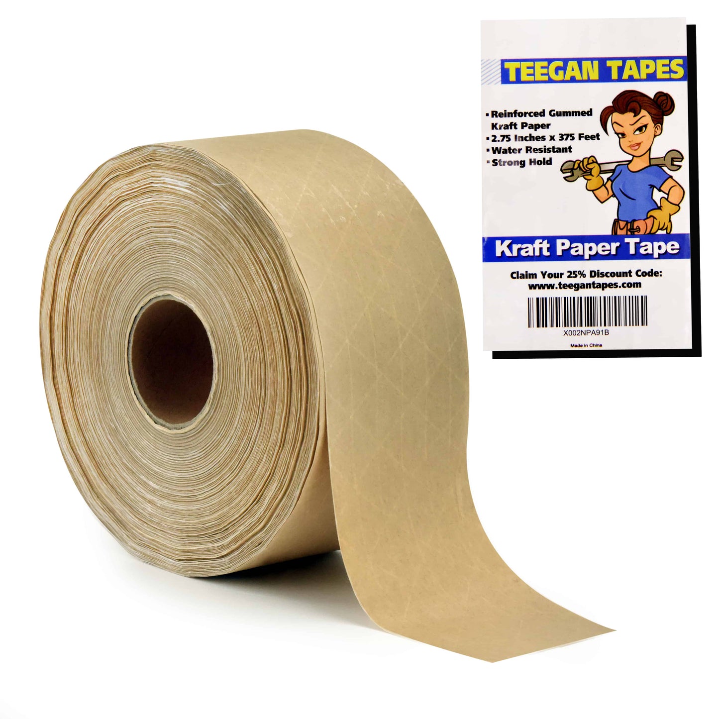 Teegan Reinforced Gummed Kraft Paper Packing Tape, 2.75 In x 375 Ft