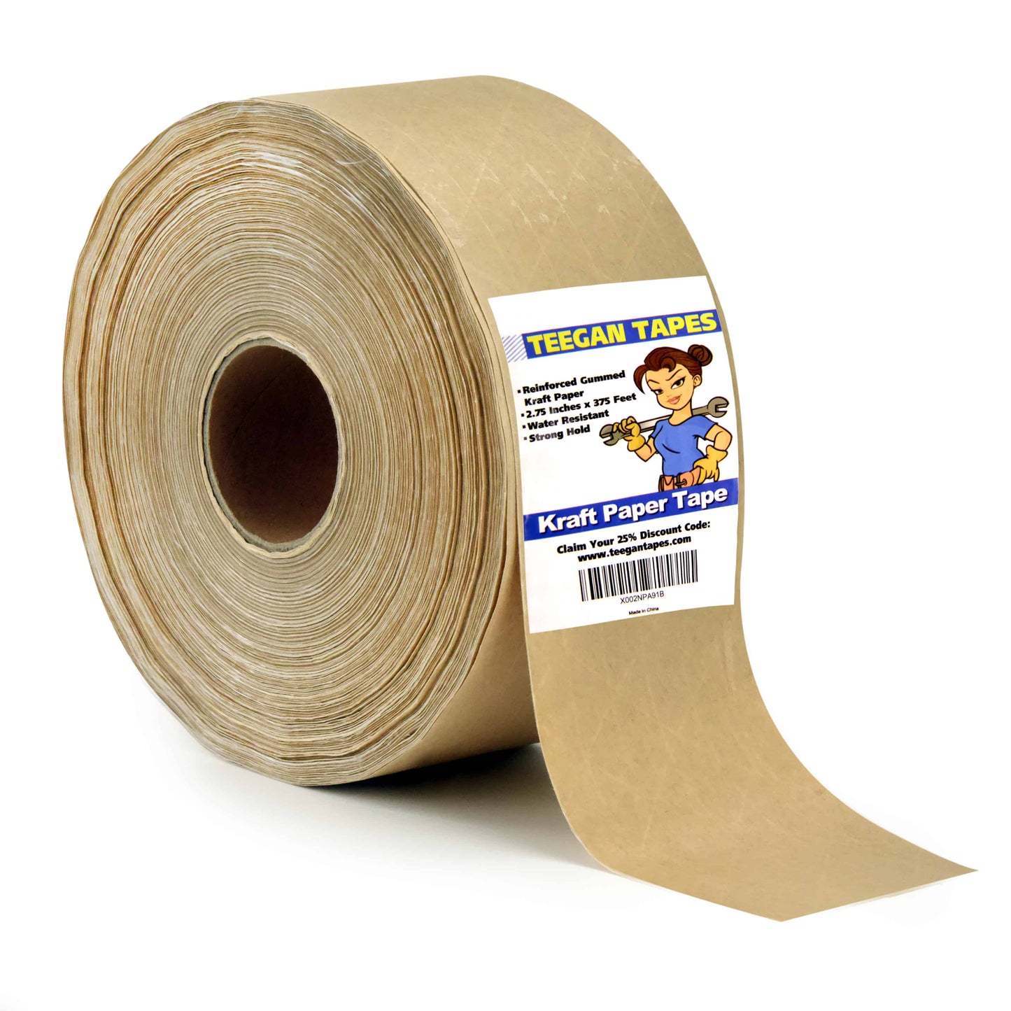 Teegan Reinforced Gummed Kraft Paper Packing Tape, 2.75 In x 375 Ft